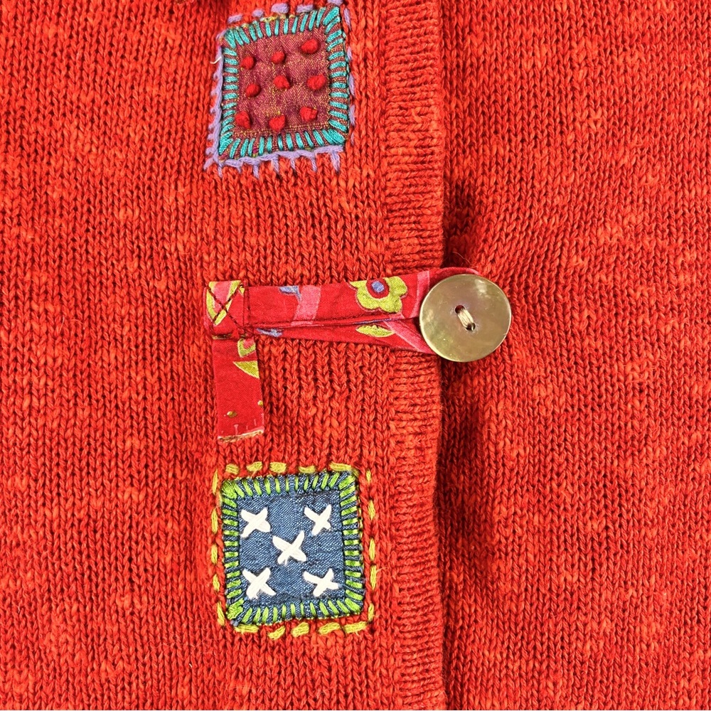 Icelandic Design Cardigan Sweater Linen Cotton Button Front Orange Patchwork M - Picture 5 of 14